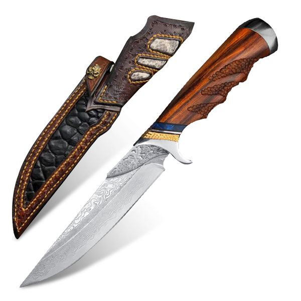 

handmade damascus steel hunting knife camping survival self defense knife military tactical combat knives wood handle with leather sheath ju