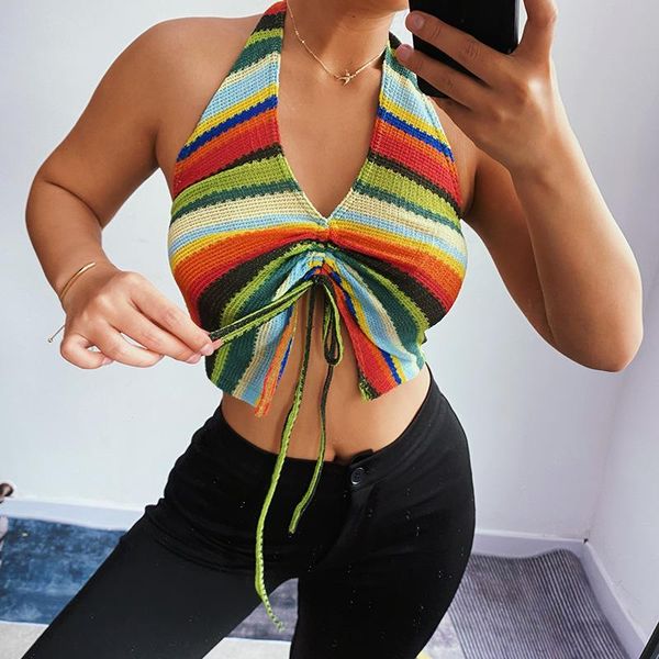 

women's tanks & camis y-l multicolor striped knitted women halter neck bandage v-neck backless clubwear summer short style shirt, White