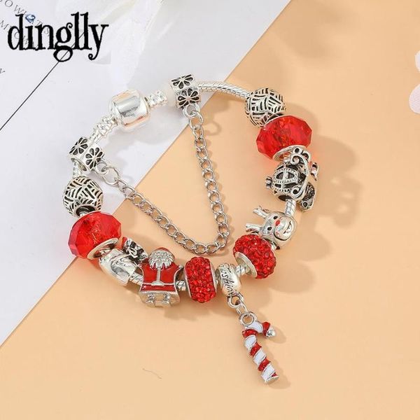 

charm bracelets dinglly 2021 santa claus cane for women men original gift bag reindeer red crystal beads bracelet xmas gifts, Golden;silver