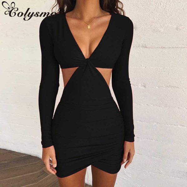 

colysmo stretch dress women long sleeve deep v neck hollow out party elegant black white bodycon mini bandage es 210527, Black;gray
