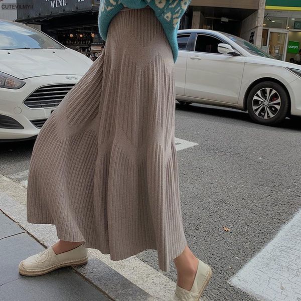 

skirts autumn winter thicken women elastic waist casual striped female a-line knitted sweater, Black