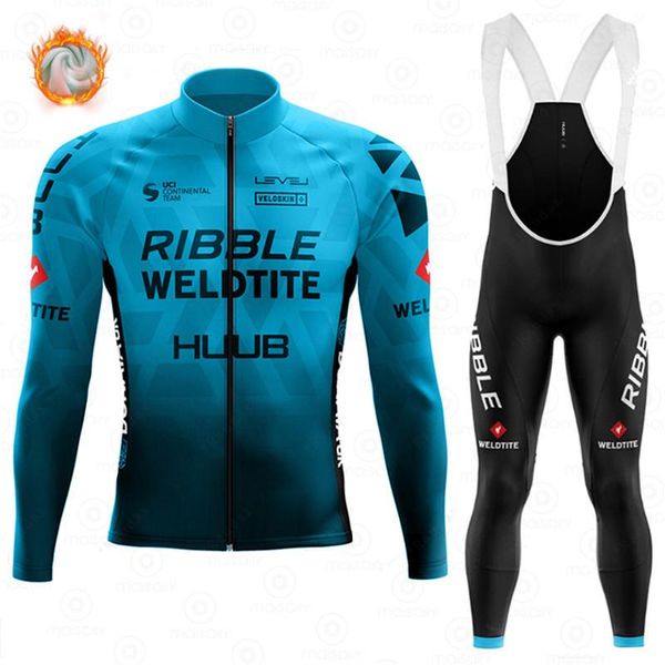 

racing sets 2021 winter cycling jersey pro team ropa ciclismo hombre fleece suits mtb bike clothing bicycle bib pants set huub, Black;blue