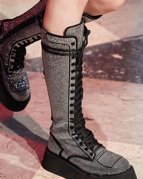 

full crystal luxury embellished mid calf boots winter lace up thick platform round toe women runway design shoes for, Black