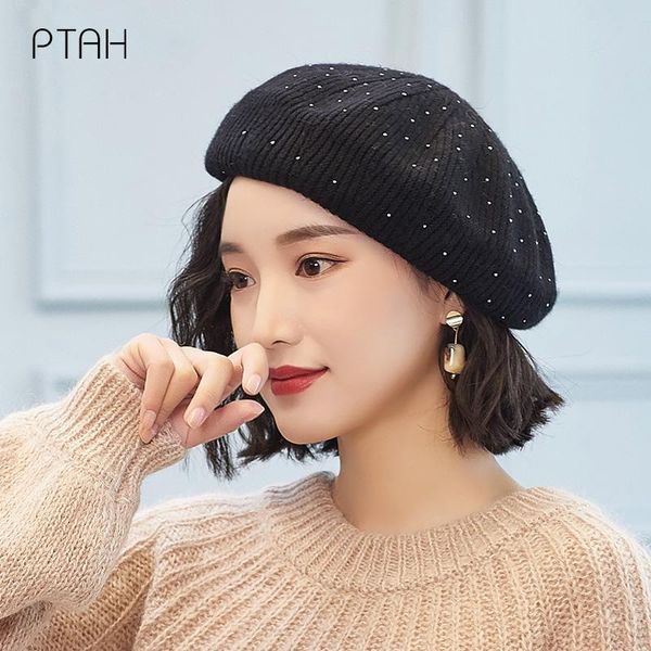 

berets [ptah] knitted hat women winter hats for ladies brand pure color outdoor girls cap female skiing warm woolen, Blue;gray