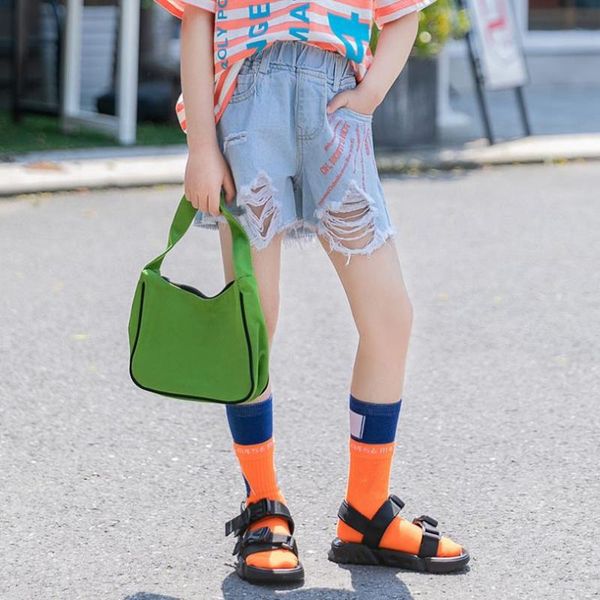 

shorts baby girl denim 2021 summer children letter holes loose pants kids teens casual jeans for girls y3070, Black