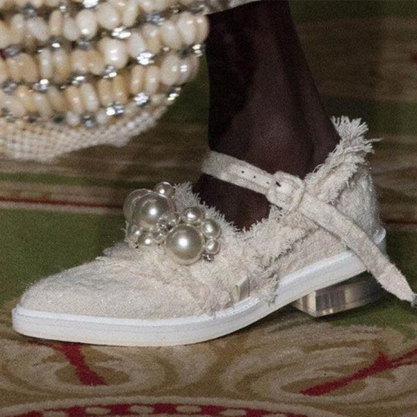 

dress shoes metal square heel fringe lace women pumps crystal pearls buckle belt round toe chain female mary janes, Black