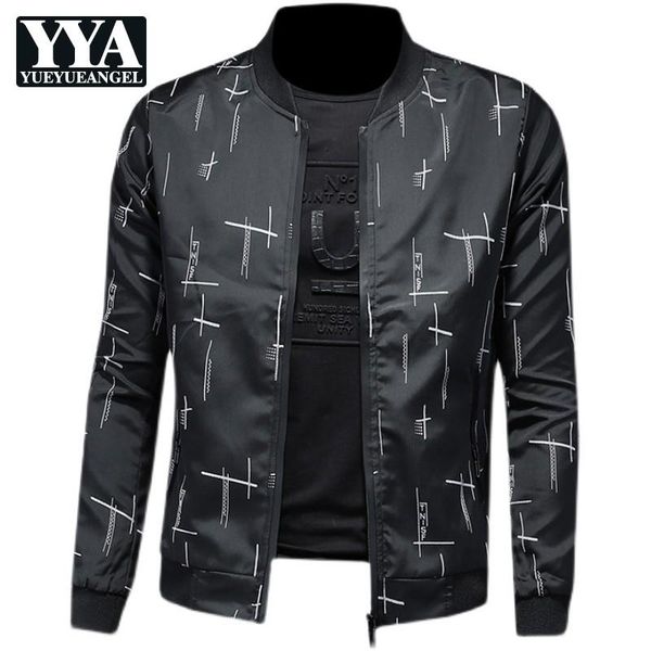 

men stand collar jacket geometric pattern decoration zipper spring autumn black white long-sleeve male outerwear korean men's jackets, Black;brown