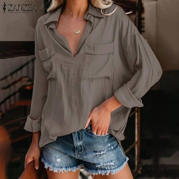 

women's blouses & shirts zanzea elegant women ol blouse autumn long sleeve solid shirt casual v neck work blusas female loose tunic ch, White