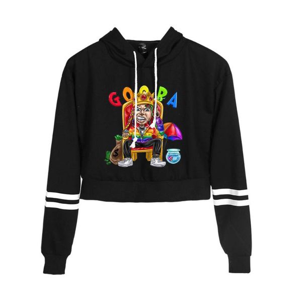 

women's hoodies & sweatshirts 6ix9ine gooba printed navel hoodie sweatshirt lady cool pullovers long sleeve kawaii short crop autum, Black