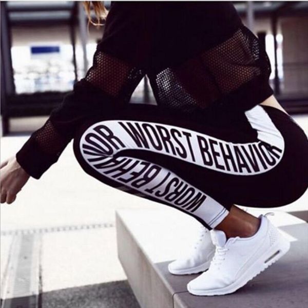 

white edge lettering printing womens legging breathable casual sports yo ga women running fitness skinny, Black