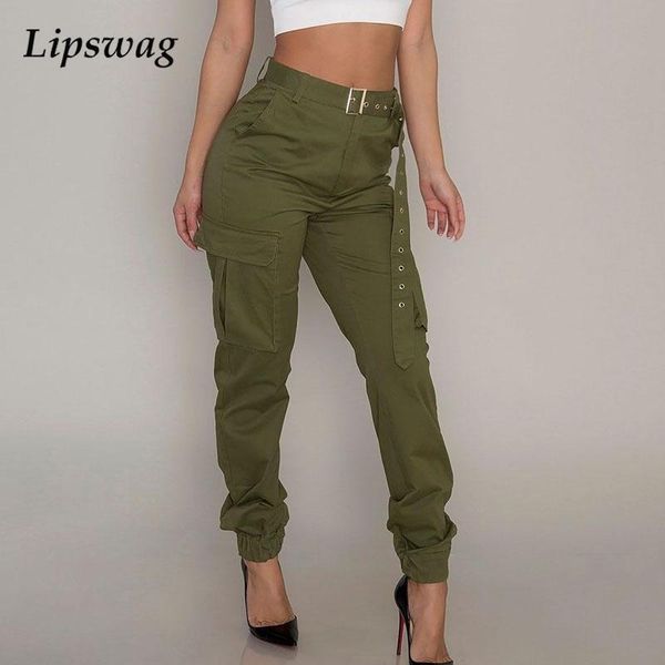 

women's pants & capris women fashion solid belt cargo pant 2021 spring autumn lady multi-pocket long casual sports high waist trousers, Black;white