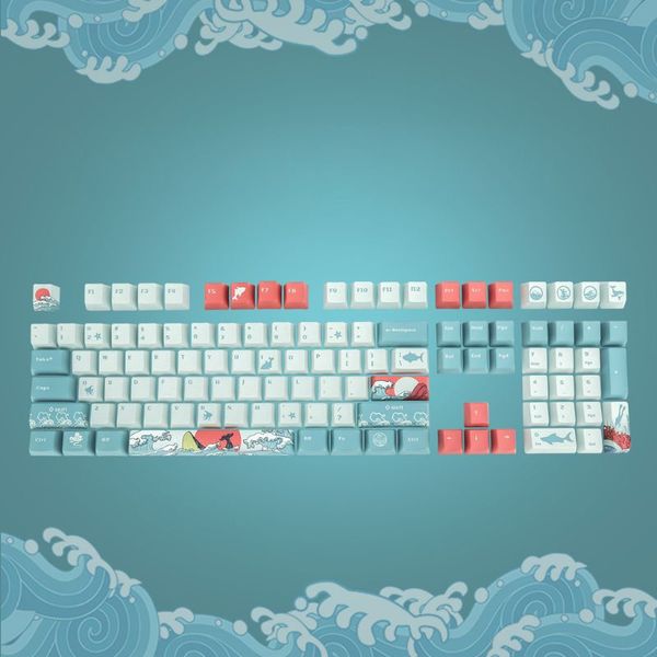 5 Seiten Farbsublimation 108 Tasten OEM PBT-Tastenkappen Vollständiger Satz mechanische Tastatur-Tastenkappen Ukiyo-e Sea Waves-Tastenkappen