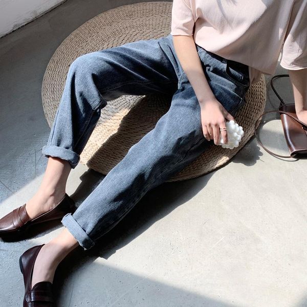 

women's jeans 2021 spring women jean straight pants high waist denim solid loose pencil long trousers streetwear, Blue