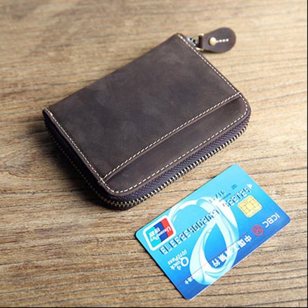 

100% genuine leather men wallet mens vintage crazy horse small zipper wallets coin purse pocket card holder, Red;black