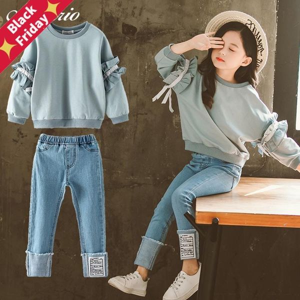

girls boutique outfits teen clothes children's clothing suits demin pants suit 2pcs teenager sets, White