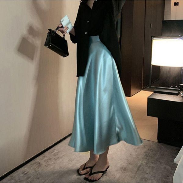 

spring summer soft imitate womens skirt silk satin elegant slim high waist long clothes negro, Black