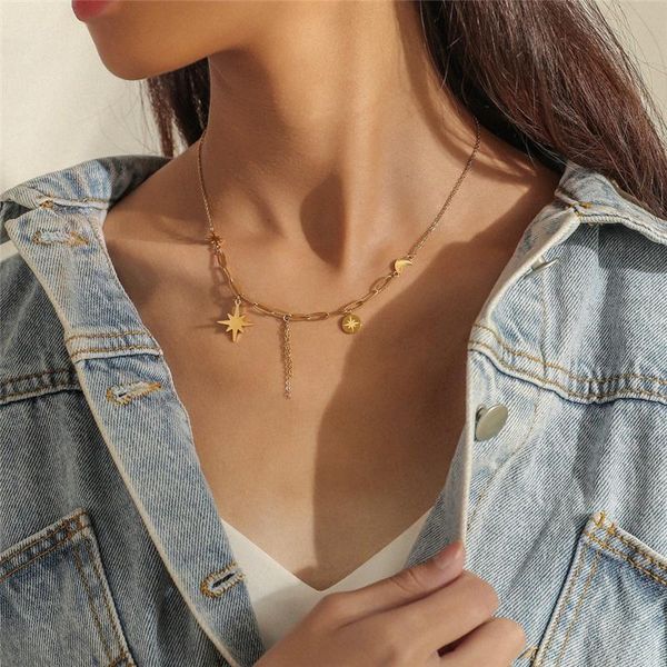 

pendant necklaces wholesale female gold plated moon stars necklace simple titanium steel chain tassel choker women accessories on neck, Silver
