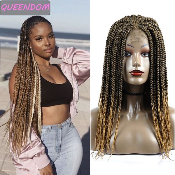 

ombre brown long braided wig synthetic lace front hair wigs with baby hair middle part cosplay box braids wig for afro women, Black