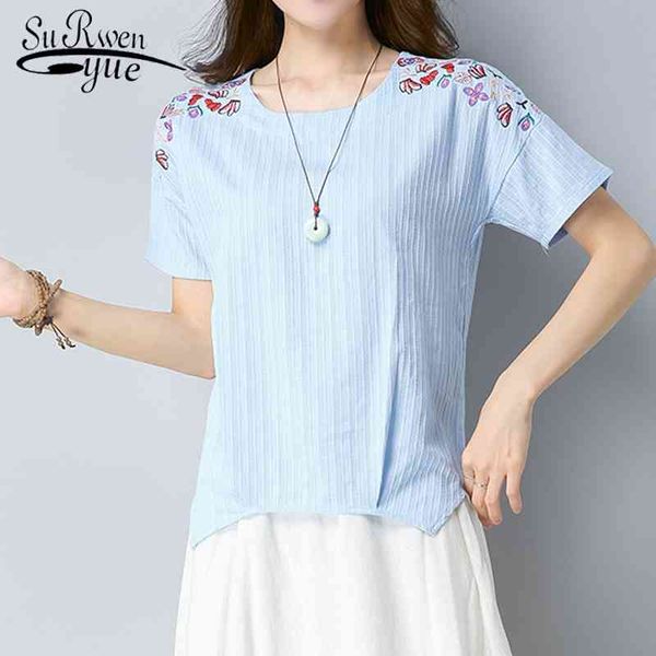 

spring summer casual national women shirt short sleeve embroidery floral cotton linen loose blouses d857 30 210521, White