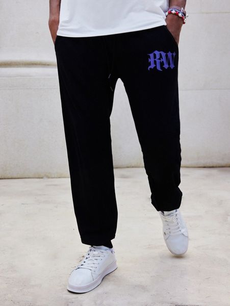 

romwe guys letter print drawstring sweatpants 36a3#, Black