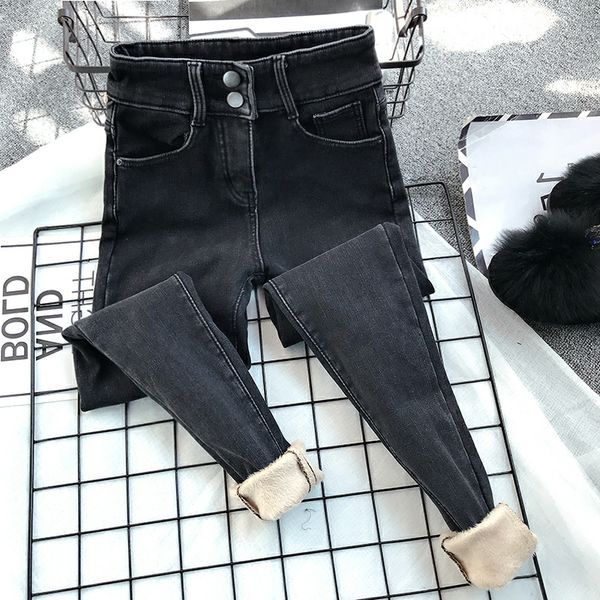 

kog530 black fashion high waist light blue thickening and jeans bootcut tide female new winter cotton trousers light color and fee