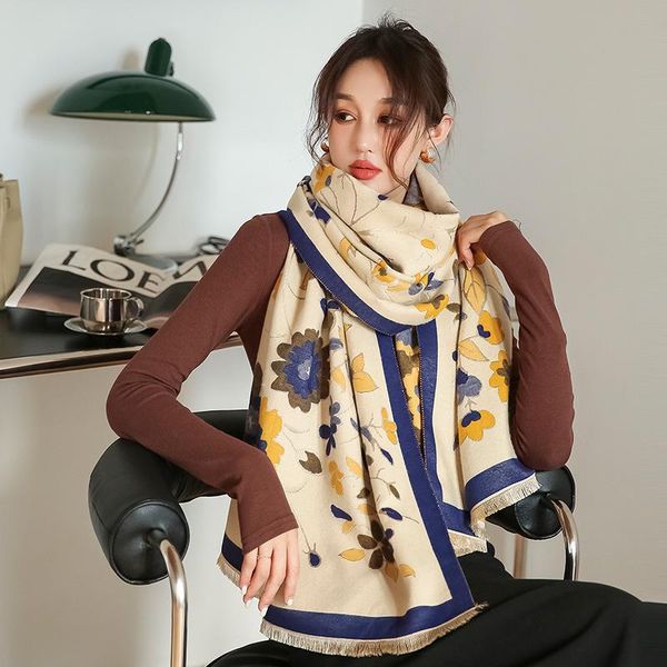 

scarves elegant floral cashmere pashmina shawls and wraps thick warm blanket retro female winter 2021, Blue;gray