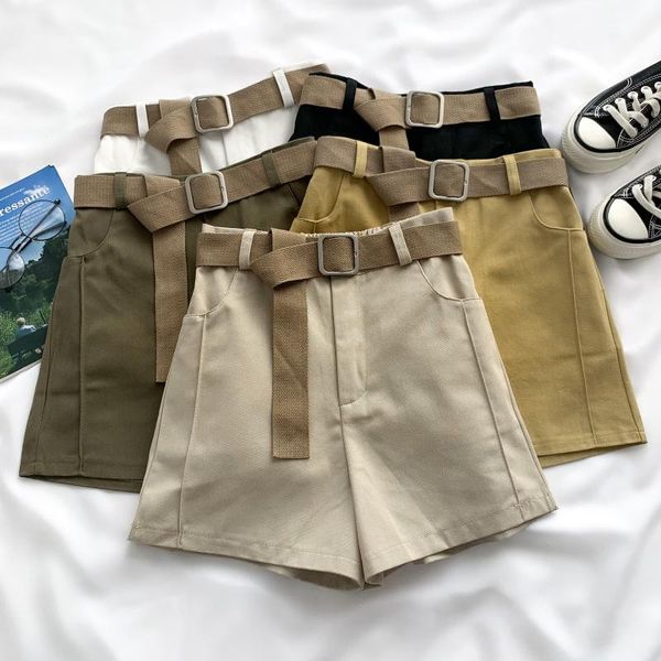 

women's shorts high waist women streetwear with belt all-match wide leg bottoms female, White;black