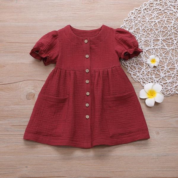 

girl's dresses summer dress for girls 1 year toddler kids baby solid linen ruffled princess casual girl clothes born, Red;yellow