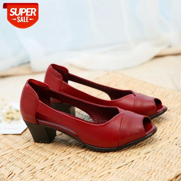 

2020summer genuine leather comfortable ladies mid heel sandals women shoes hollow peep toe square woman black #gi3q