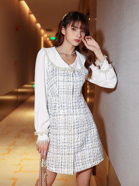

casual dresses women's 2021 autumn winter tweed dress small, Black;gray