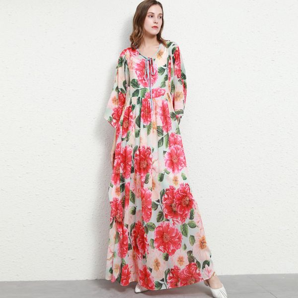 

women's o neck batwing sleeves lace up printed fashion long dress, Black