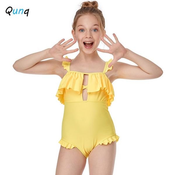 

qunq girls swimwear one piece solid color kids bathing suits for girl 2-12 year toddler teen children backless one-pieces, Black