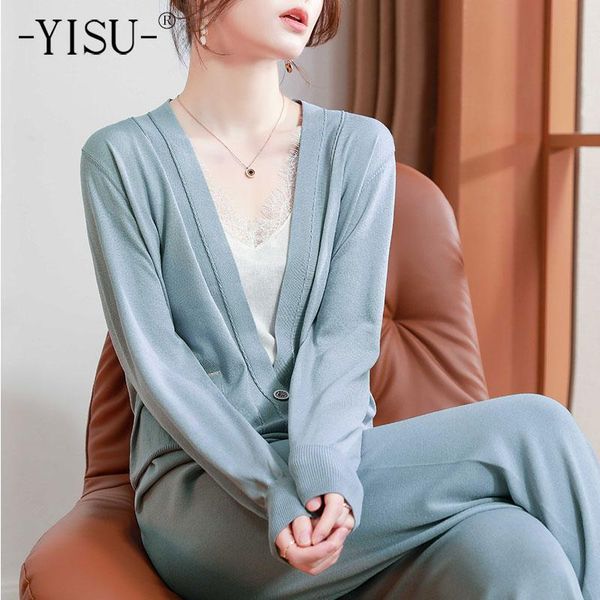 

spring women thin section v-eck casual cardigan suit female long sleeve trousers simple two-piece solid color women's two piece pants, White