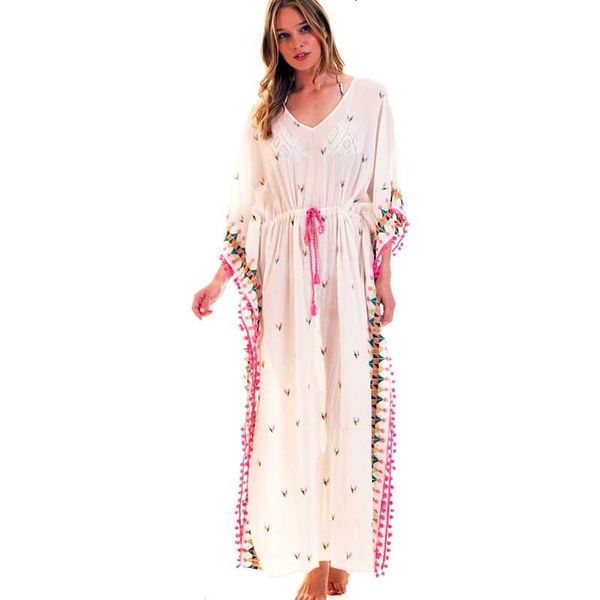 

bohemia summer women multicolor embroidered kaftan boho chic half sleevepompom trim v-neck beach tunic dress clothing, Black;gray