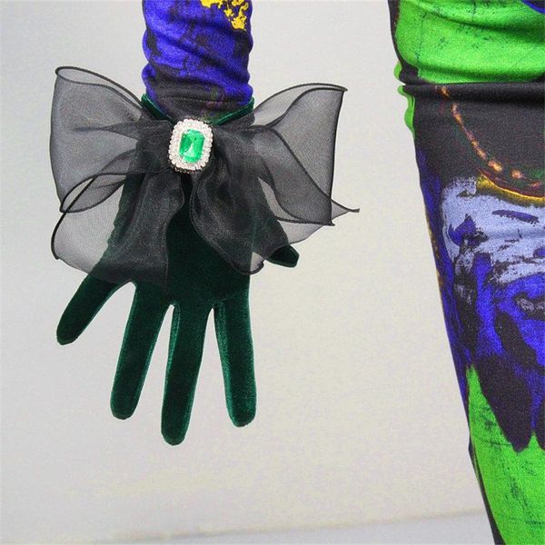 

five fingers gloves 22cm green velour short transparent wave mesh snow yarn hard ribbon oversized bow jewel diamond chain female wsr20, Blue;gray