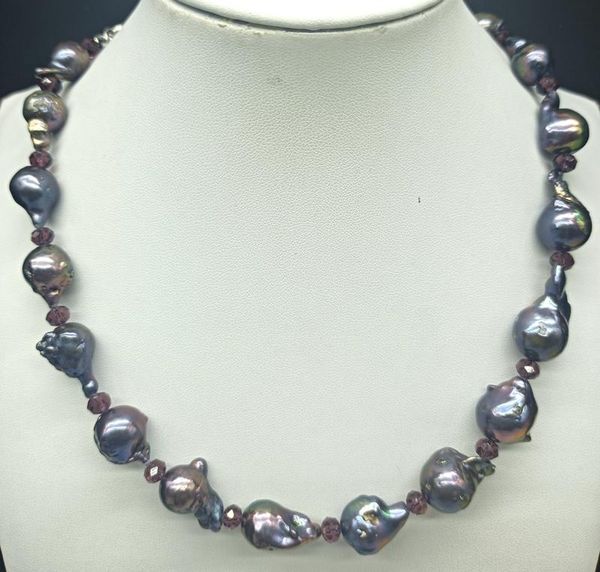 

chains rare brown 4x6mm faceted crystal & black baroque pearl irregular necklace 18 inch men's and women's fashion jewelry elegant, Silver
