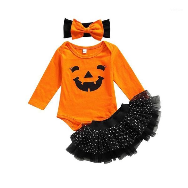 

clothing sets 3pcs baby girls halloween outfits long sleeve pumpkin face romper + tutu skirt headband set1, White