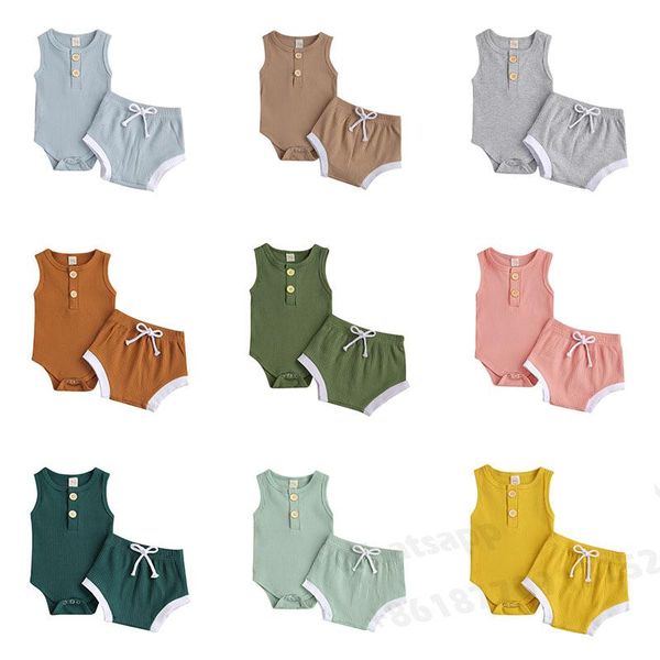 

clothing sets solid color baby ribbed clothes set 0-24m toddler boy suit summer sleeveless button round neck romper elastic shorts girls, White