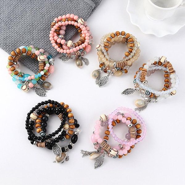 

charm bracelets misheng zinc alloy women's bracelet tennis beads string natural stone acrylic retro leaf shell ethnic style jewelry, Golden;silver
