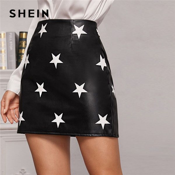 

shein black star print pu leather mini skirts women skirt spring summer geometric zip back a line mid waist elegant skirt