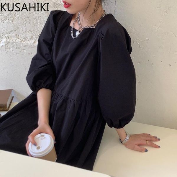 

nomikuma sweet elegant square collar women dress puff sleeve causal a-line vestidos femme 2021 spring summer dresses 6f288 casual, Black;gray