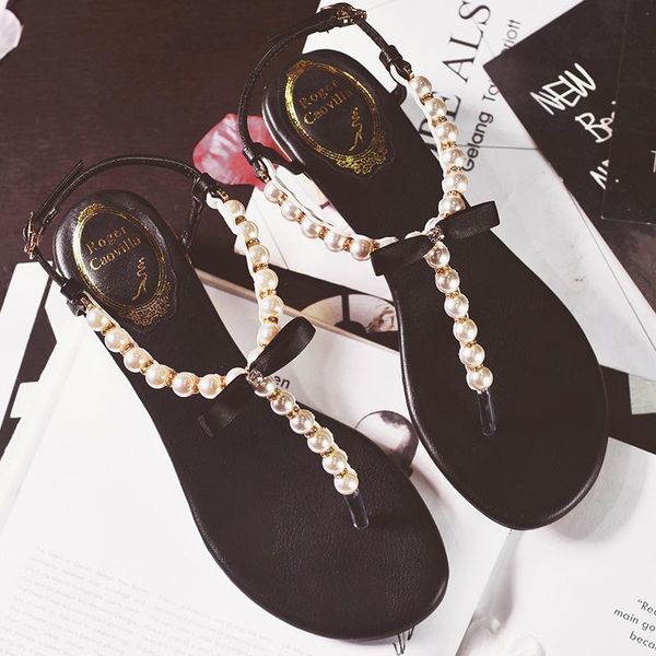 

in summer 2021, the pearl clip toe sandal women's thick and versatile middle heel herringbone women sandals, Black