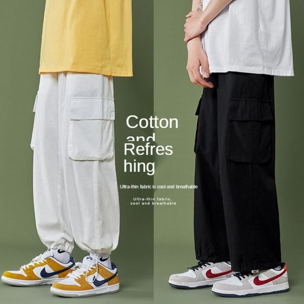

men's pants summer cotton linen fashion black white casual men streetwear loose wide-leg mens pockets cargo j5tx
