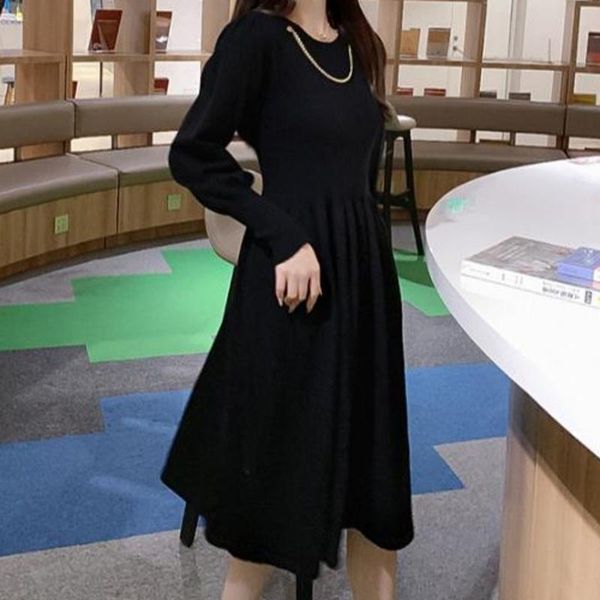 

casual dresses french vintage apricot knitted midi dress autumn fashion long sleeve bottomed slim black with chain vestido de mujer 2021, Black;gray
