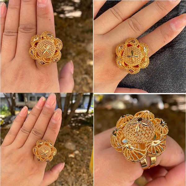 

wedding rings trendy ethiopia 24k round gold color dubai for women african flower party gifts hallowe gift, Slivery;golden