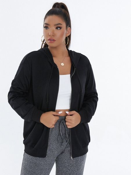 

plus drop shoulder drawstring zipper hoodie t5yo#, Black