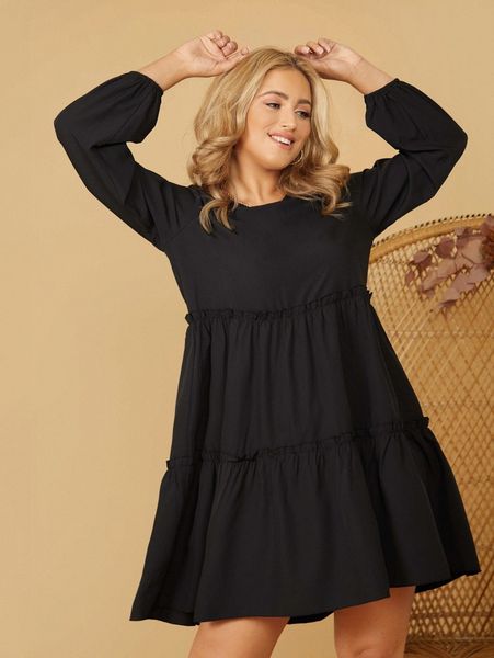 

plus bishop sleeve ruffle hem smock dress y6h6#, Black