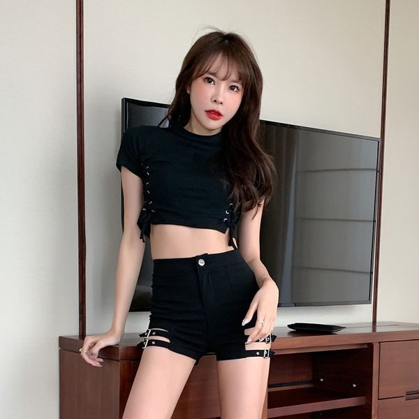 

women's shorts black 2021 summer new word high waist wide leg jeans, White;black