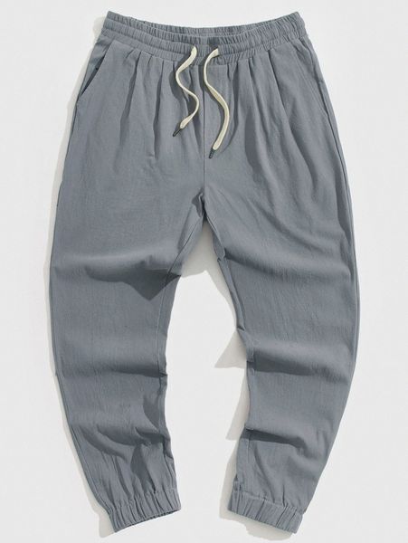 

men slant pocket drawstring waist pants n5p2#, Black
