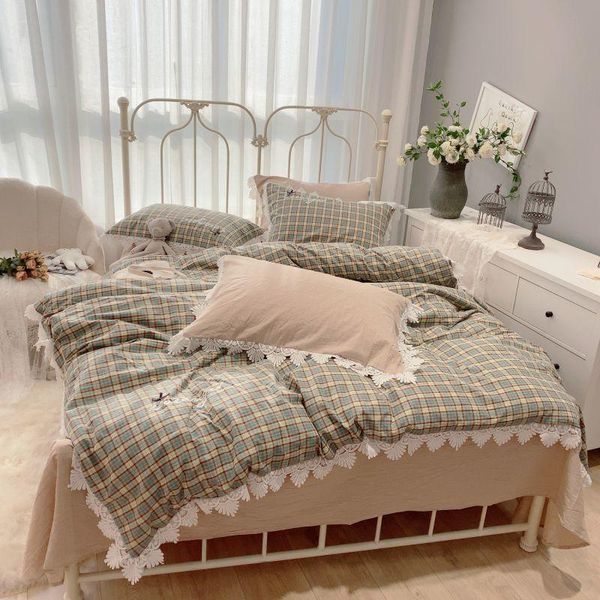 

green plaid lace duvet cover  super soft 100%cotton bedding set flat sheet 2 pillowcases grid geometric quilt sets
